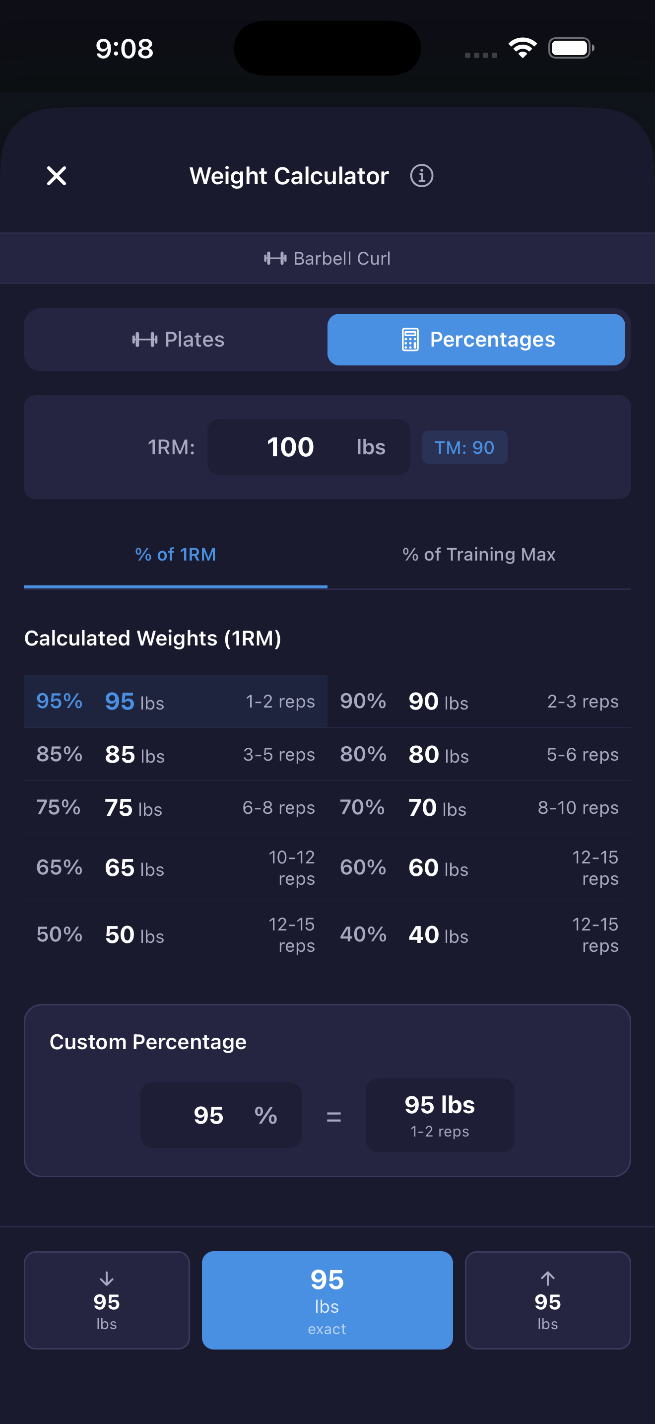 1RM Percentage Calculator